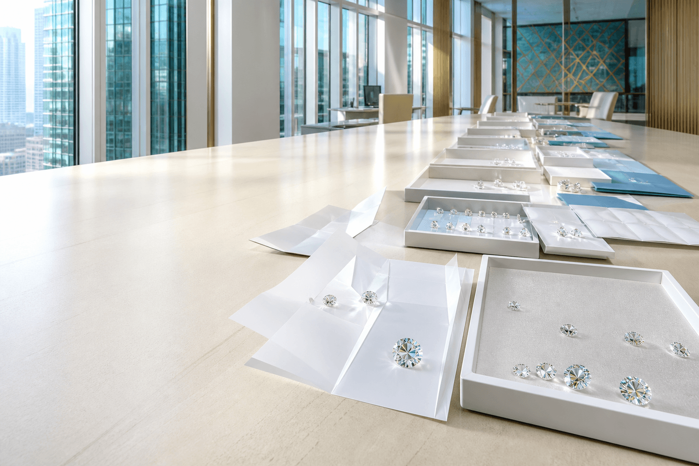 Ritamie Wholesale trading floor: certified loose diamonds on parcel papers